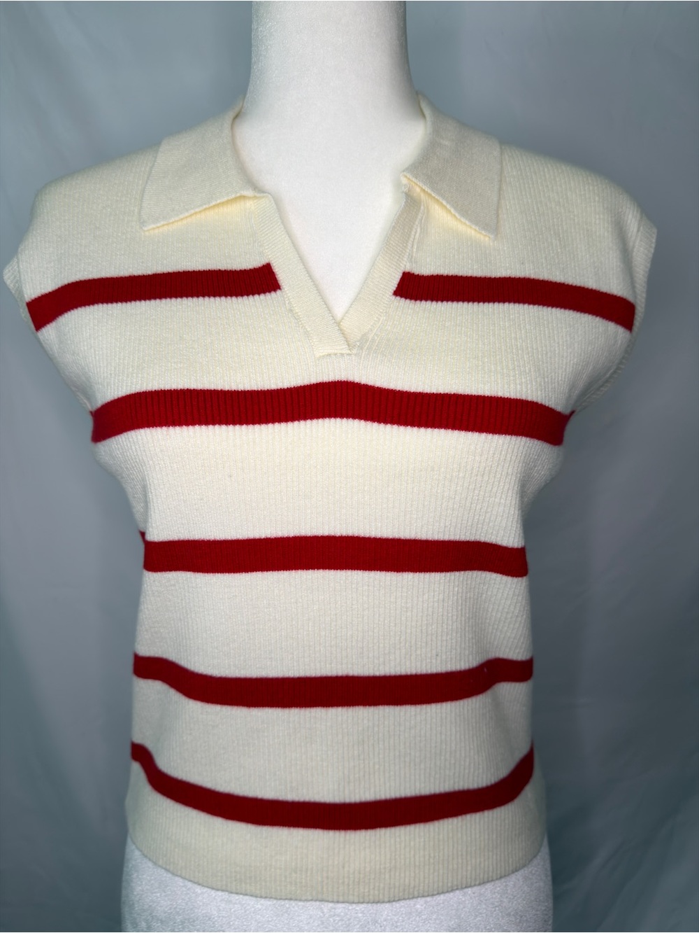 Double Zero Cream V-Neck Sweater Vest with Red Stripes